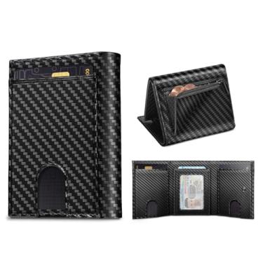 Imagem de FITENOUGH Carteira masculina com três dobras - carteira de couro real com janela para identidade, proteção RFID, bolso para moedas e compartimentos para cartão - carteira de couro premium para homens