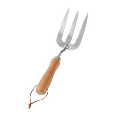 Imagem de Gralara Ferramenta de mão do garfo de jardim com 3 dentes pontiagudos com maçaneta de madeira Hand Weeder Fork para escavação de quintal para o gramado