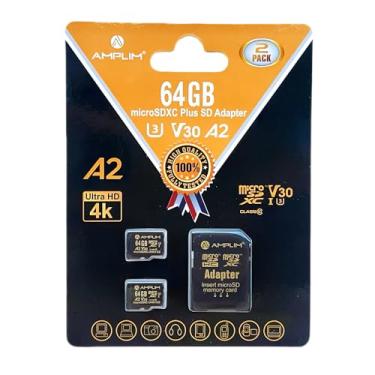 Imagem de Amplim Cartão Micro SD 64 GB | Adaptador de Memória MicroSD Plus | A2 MicroSDXC U3 Classe 10 V30 UHS-I para Nintendo, GoPro Hero, Surface, Telefone, Câmera de Câmera, Tablet | Preto Pacote com 2