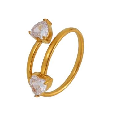 Imagem de Anel de coração de cristal feminino duplo amor corações envolver anel de dedo zircônia cúbica promessa de casamento eternidade anéis empilháveis aliança joias delicadas, Adjustable, Aço inoxidável