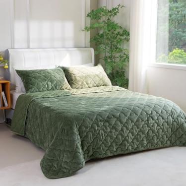 Imagem de PlushHavenCloud Conjunto de cama de veludo acolchoado tamanho queen - edredom de veludo leve de luxo e 2 fronhas | colcha grande drapeada de comprimento total | roupa de cama verde para todas as