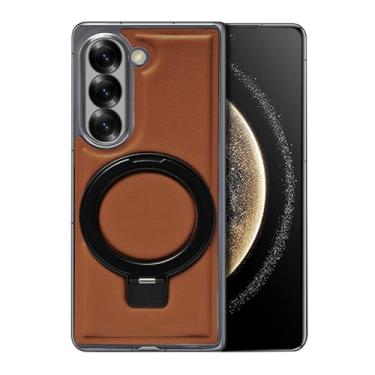 Imagem de HAO RIYLN Capa magnética para Samsung Galaxy Z Fold6, capa galvanizada de couro com suporte de suporte, carregamento sem fio, capa vintage, laranja, Z FOLD6