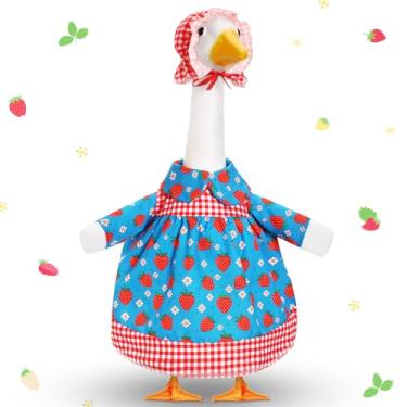 Imagem de Cutecrop Conjunto de roupa de ganso para varanda de plástico de 58 cm H estátua de cimento linda saia de morango fantasia de ganso de verão para decoração de arte de pátio ao ar livre