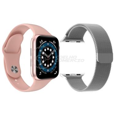 Imagem de Kit 1 Smartwatch W46 S Rosa + 1 Pulseira Extra Prata