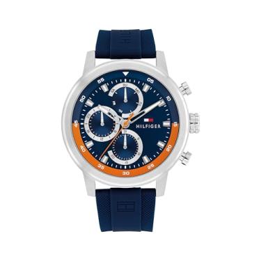 Imagem de Tommy Hilfiger Relógio esportivo masculino – multifunções de quartzo, caixa de aço inoxidável, mostrador Sunray com índices de bastão e sub-olhos texturizados em CD, coroa grande, pulseira de silicone