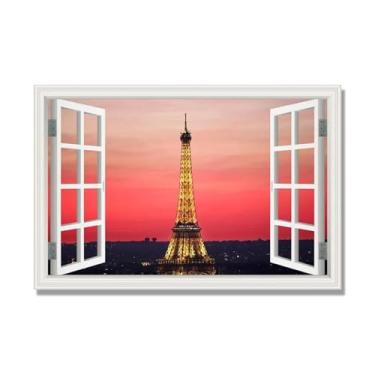 Imagem de Janela de arte de parede com impressão em tela. Vista de janela falsa. Impressão de imagem natural em tela. Arte de cenário para decoração de sala de estar. (Vista da Torre Eiffel de Paris 28). 70 x