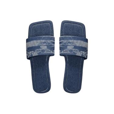 Imagem de GORGLITTER Sandálias femininas rasteiras jeans com acabamento cru sandálias modernas com estampa xadrez, Azul escuro rasgado, 35