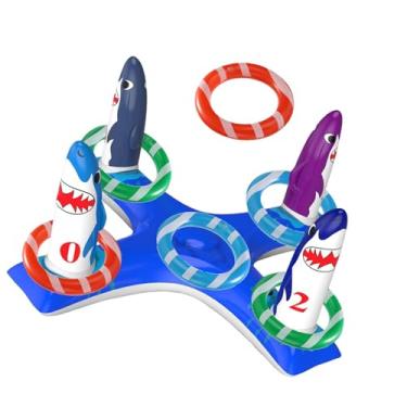 Imagem de Kokiya Brinquedo inflável para arremesso de argolas na piscina, brinquedo aquático, fácil armazenamento, prático, durável, portátil, jogo flutuante para, Tubarão