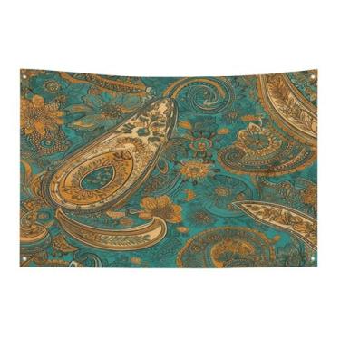Imagem de Bandeira com quatro furos, bandeiras para todos os climas, padrão paisley, amarelo, estampado, bandeira decorativa, bandeiras de poliéster adequadas para uso interno e externo 89 x 159 cm
