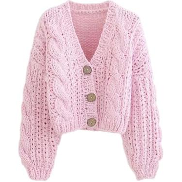 Imagem de Tops De Malha Grossa Feitos à Mão Moda Feminina Suéter De Malha Curta Retrô De Manga Comprida Jaqueta Feminina, Pink, One Size