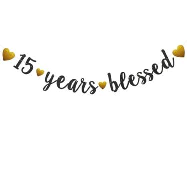 Imagem de 15 Years Blessed Banner, pré-amarrado, faixa de papel com glitter preto para festa de 15º aniversário de 15 anos, suprimentos de decorações de festa de aniversário de 15 anos, sem necessidade de