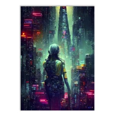Imagem de Placa Decorativa Garota Cyberpunk Ilustração Futurista Verde Poster Quarto Sala