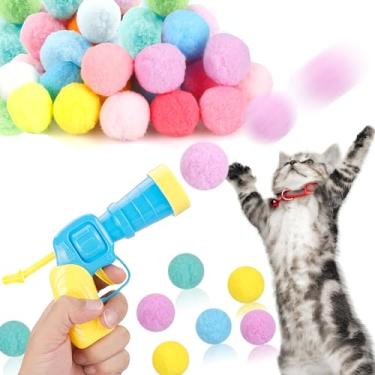 Imagem de 31 peças de pistola lançadora de bolas de gato, brinquedo de buscar bolas felpudas, 30 peças de brinquedo de pelúcia para gatos com 1 arma, brinquedos interativos engraçados para gatos adultos em