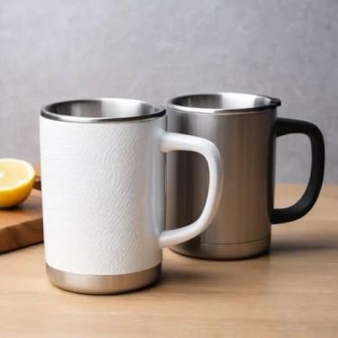 Imagem de Caneca Térmica Parede Dupla em Aço Inox Branca 350ml com Canudo - Estilo Texturizado
