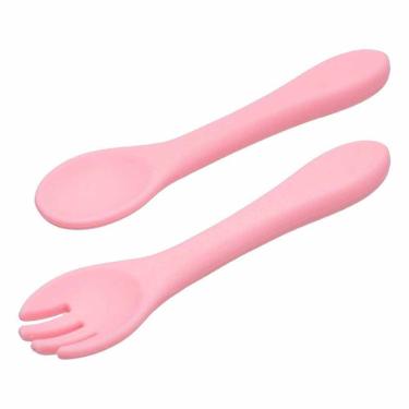 Imagem de Colher E Garfo Infantil De Silicone Para Bebe Bpa Free Rosa