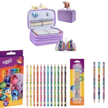 Imagem de Estojo Escolar Grande Com 4 Compartimento Estojo Para Lápis De Cor Canetas Apontador Com Lápis de Cor + Lápis Grafite Lilas