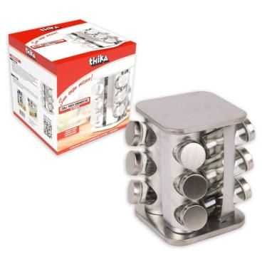 Imagem de Porta Condimentos E Temperos Giratório Com 12 Potes Em Aço Inox E Vidro