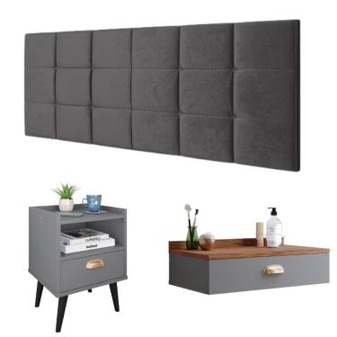 Imagem de Kit Quarto Casal Penteadeira Suspensa Gloss Cinza|Freijó Mesinha Lateral Estilo Cinza Cabeceira Cama Box Queen Bia 1.60 Cinza Suede - RPM Móveis