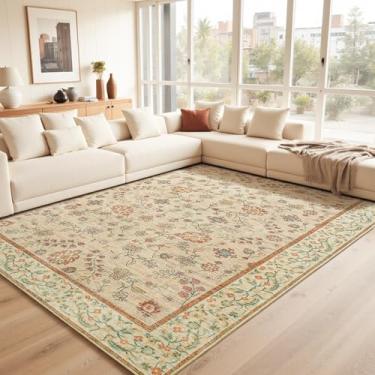 Imagem de Goideal Tapete floral para sala de estar, 10 x 15 cm, bege, lavável, antiderrapante, boho com forro de borracha para quarto, cozinha, banheiro, sala de jogos, entrada, escritório, bege