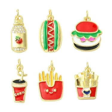 Imagem de UR URLIFEHALL 6 peças de pingentes de latão, cachorro-quente, hambúrguer, batatas fritas, para fazer joias, chaveiro, artesanato, festa em casa, decorativo