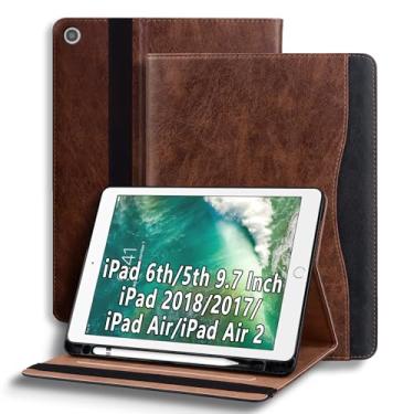 Imagem de TIPOYOROOS Capa para iPad 6ª/5ª geração 9,7 polegadas iPad 2018/2017/iPad Air/iPad Air 2, capa inteligente com bolso e suporte para lápis, Apple iPad 9.7 Business PU couro com compartimento para