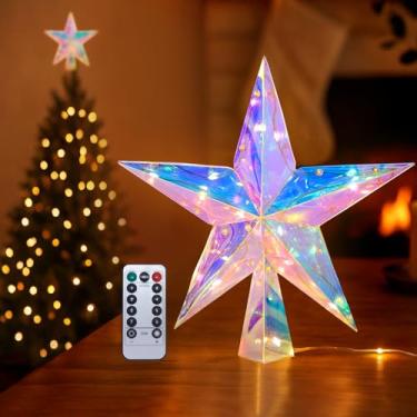 Imagem de Topo de árvore de Natal com estrela de 30 cm PET iluminado com controle remoto multicolorido 20 LEDs, decoração de copas de árvore iluminadas para decorações de Natal, decoração de festas de fim de