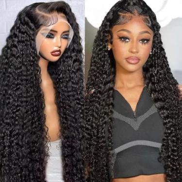 Imagem de tsiyu Peruca frontal de renda 33 x 15 cm, cabelo humano pré-arrancado, onda profunda, densidade 180 HD, peruca frontal com cabelo de bebê, transparente, sem cola, cabelo humano encaracolado profundo