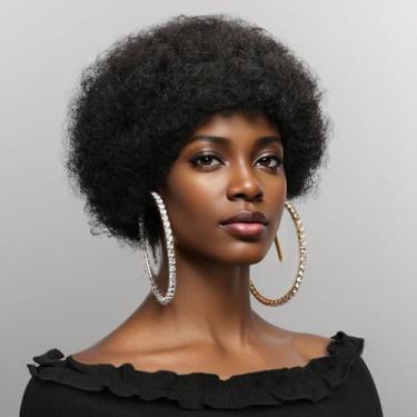 Imagem de Peruca afro de cabelo humano para mulheres, perucas afro dos anos 70 para mulheres, perucas curtas de corte Pixie para mulheres negras, sem cola, peruca macia e saltitante com franja (preto natural nº