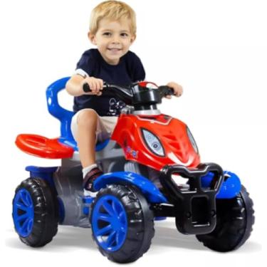 Imagem de Quadriciclo Infantil 2 em 1, Carrinho de Passeio com Haste e Pedal, Suporte para Pés, Anel de Segurança, Porta Objetos, 51x61x92cm, Para 9 Meses Até 6 Anos, Capacidade 30kg (Menino)