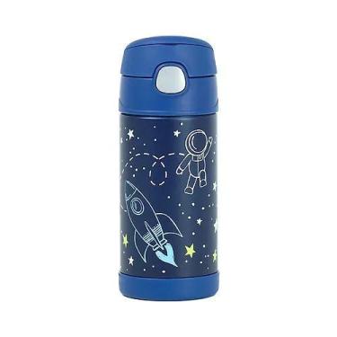 Imagem de Garrafa Térmica Infantil Astronauta Canudo Alça Thermos Inox 355ml, Az