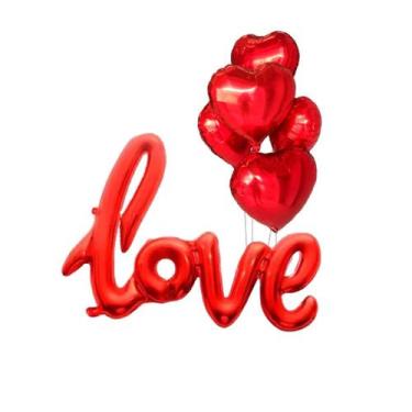 Imagem de Buquê Balão Love Metalizado 32 Vermelho com 5 corações 6 peças - Parti