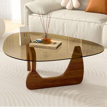 Imagem de Mesa de centro de vidro pequena moderna de meados do século com tampo de vidro temperado e base de madeira sólida, mesas de chá centrais de nogueira marrom abstrata para sala de estar, escritório em