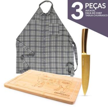 Imagem de Tábua com Faca Profissional ouro e Avental para Churrasco Cozinha - Go