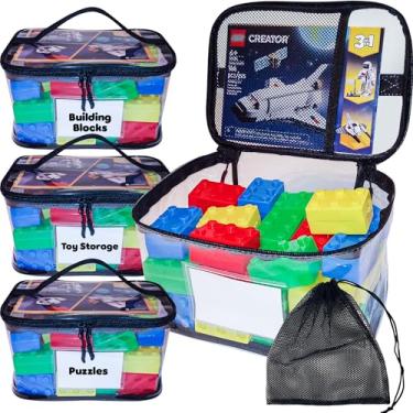 Imagem de Pacote com 4 sacos de armazenamento transparentes com etiqueta de nome, bolso manual, rede de lavagem, estojo organizador de PVC transparente impermeável para tijolos, jogos de tabuleiro, blocos de