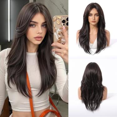 Imagem de Esmee Perucas longas retas castanho-pretas para mulheres com franja Peruca de cabelo sintético natural para uso diário e festa