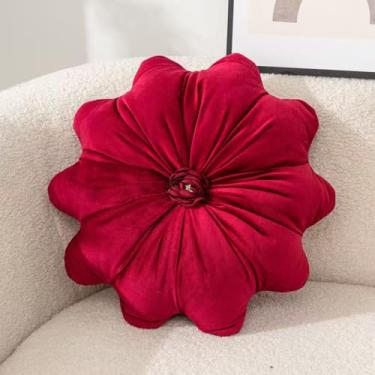 Imagem de Almofada de veludo super macia em forma de fllower nova, almofada decorativa para cama, sofá, cadeira, penteadeira (diâmetro 40,6 cm) (vermelho)
