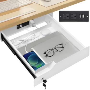 Imagem de Lumil Gaveta montada sob a mesa com trava com régua de energia para estação de carregamento e braço de gerenciamento de cabo dobrável para mesa de escritório 39,9 cm (L) x 39,9 cm (P) x 11,2 cm (A