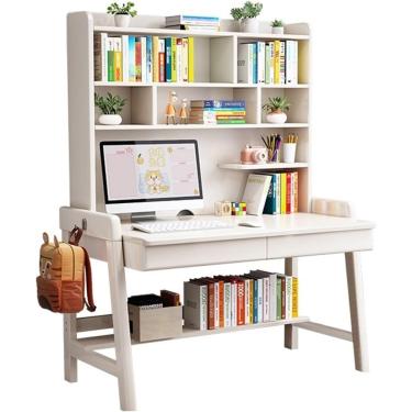 Imagem de Mesa em madeira maciça com boocase integrada, ideal para home office ou quarto,Cor Madeira+cadeira a,100x60x186cm