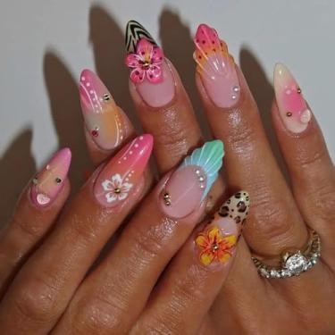 Imagem de Unhas postiças puras feitas à mão, comprimento médio, amêndoa, desenhos de flores 5D, linhas de alívio de unhas francesas, unhas postiças, acrílico reutilizável, cobertura completa, cola, pregos, 24