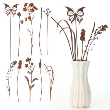 Imagem de LEIFIDE 10 peças de estacas de jardim de flores de metal para decoração de buquê rústico para vaso externo com flores de grama e borboleta estacas de plantas florais de ferro para quintal gramado
