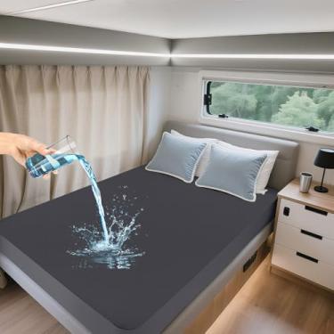 Imagem de Protetor de colchão Queen curto para trailer, capa de colchão impermeável com bolso profundo de 35,5 cm, estilo lençol com elástico, sem ruído, respirável, lavável na máquina, cinza escuro (152 x 183