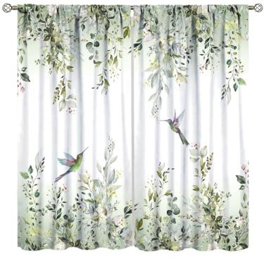 Imagem de Cortinas de folhas verdes de eucalipto, folhas verdes, aquarela floral beija-flor, tema natural, cortinas para quarto, sala de estar, cozinha, janela, tratamento com 2 painéis, conjunto de 2 painéis