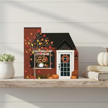 Imagem de AceOrbit Decoração de mesa para casa de outono, bandeja de madeira em camadas, mini casa, dupla face, outono, quinta, blocos decorativos para decoração de casa, mesa rústica, centro de mesa