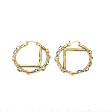 Imagem de DIAMANTIO Brincos de argola vintage banhados a ouro 18K para mulheres – Brincos redondos texturizados enfeitados com cristal colorido, joia boho chique