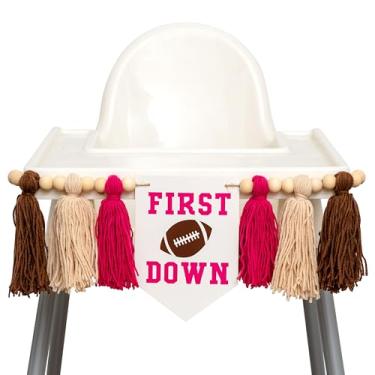 Imagem de CIEQR Football Highchair Banner 1st Birthday - First Year Down High Chair Banner, Sport Theme First Birthday Decorations for Party, Anniversary, Cake Smash, Photo Props... (Pink)