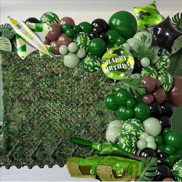 Imagem de Kit de guirlanda de balões camuflados militares - 141 peças de decorações de festa de aniversário verde e preto exército com rede camuflada, tanques, aviões para meninos, material de festa com tema de