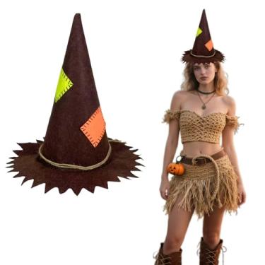 Imagem de EVKILKJS Chapéu de espantalho de Halloween feltro serrilhado acessório para fantasia de Halloween, festa de cosplay, festa de máscaras, festival, marrom