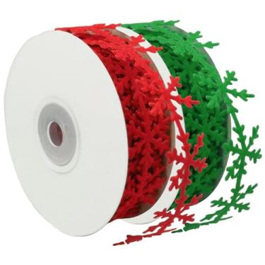Imagem de 2 rolos de fita de renda de floco de neve de Natal vermelho verde feltro acabamento floco de neve enfeite fita de embrulho de renda para Natal, casamento, aniversário, férias, decoração, bricolage