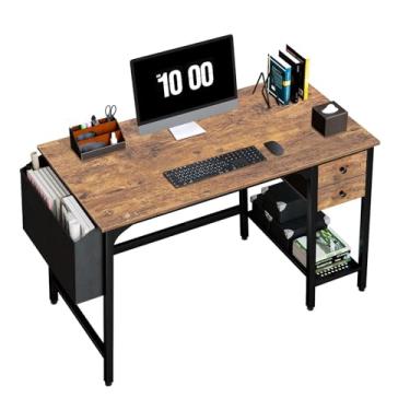 Imagem de Lufeiya Mesa de computador com gavetas – Mesa pequena de trabalho reversível de 101 cm para quarto, escritório em casa, mesa de estudo simples, mesas de PC com prateleiras de armazenamento de gavetas