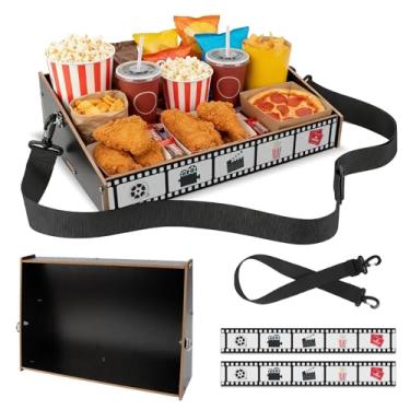 Imagem de Bandeja de madeira para lanches com alça preta para servir à noite de cinema Usherette com adesivos, suporte de pipoca de 38 x 25 x 10 cm para tema dos anos 20, fantasia de Halloween para adultos